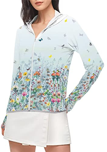 HELLHERO Women's Long Sleeve Shirts Floral Hiking Clothes for Teen Girls Hoodie Jackets UPF 50+ Sun Protection Clothing Lightweight Cycling Shirt Running Outdoor Golf Top Driving Yoga Sportwear