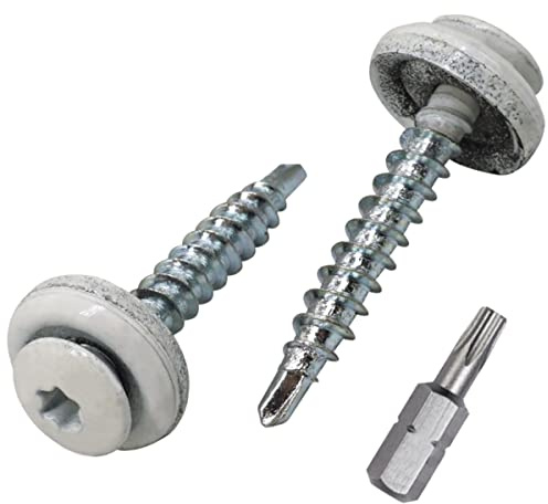 SKIR'CO (25 st) takskruvar, 4,8 x 35 mm målade självborrande skruvar med EPDM-brickor, torxhuvud (ren vit RAL 9010)