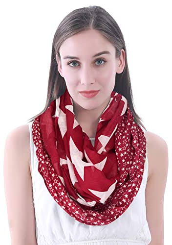 Star Print Women's Infinity Loop Scarf Snood Lightweight (Dark Red)