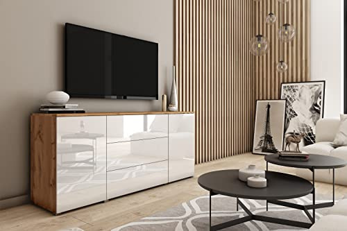 MINIO go for it - Kommode Parma, 150cm Breit, mit dei Schubladen, Sideboard, Push to Open System, Farbe: Wotan Eiche/Weiß Hochglanz