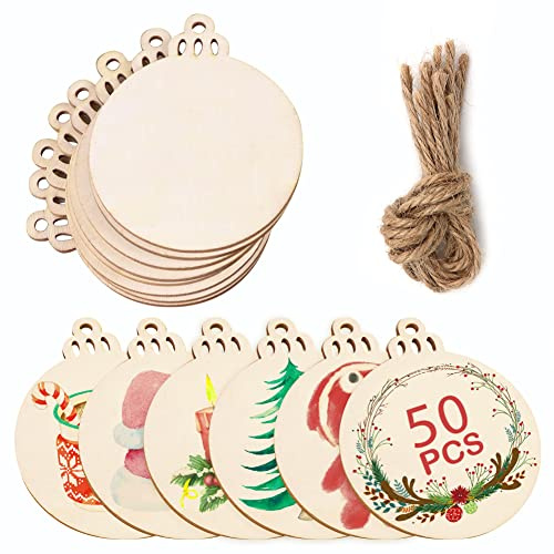 GUDELAK 50pcs Wooden Circles for Crafts, 3.5 Round Wood Discs Slices with Pre-drilled Holes, Unfinished Blank DIY Hanging Wooden Christmas Ornaments to Paint, Paintable Christmas Craft Kits