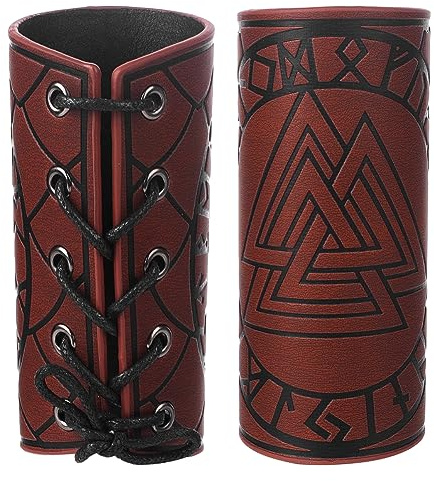 GORGECRAFT 2PCS Arm Armor Cuff Leather Gauntlet Wristband Viking Runes Odin's Symbol Valknut Pattern Embossed Unisex Leather Arm Guards for Outdoor Role-Playing Gothic Knight Costumes, Coconut Brown