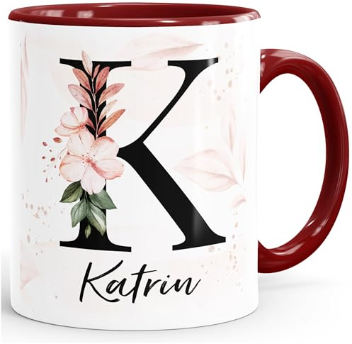 SpecialMeKaffee-Tasse Monogramm Initiale mit Namen personalisiert Blumen Blüten Dekor Floral Buchstabe Weiss-innen-bordeauxrot standard