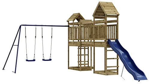 vidaXL Outdoor Children's Playset - Impregnated Pine Wood - Durable & Weather-resistant - Double Swing Set, Wave Slide & Sandpits Included - Suitable for Ages 3-8