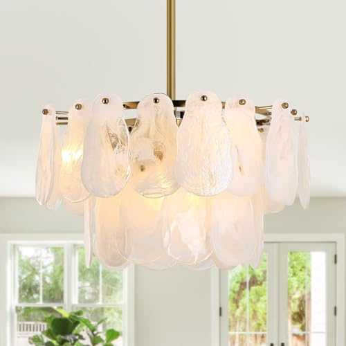 KELUOLY Modern Gold Chandeliers, 17.7 Luxury Cloud Glass Light Fixture, 2-Layer Round Ceiling Hanging Light Fixture for Bedroom Dining Room Kitchen Island Living Room Entryway Bar Farmhouse 6-Light