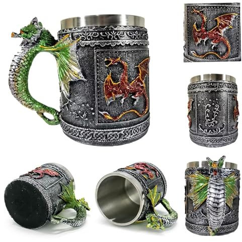 Tazza da birra medievale con dragone ruggente, merchandising boccale vichingo, tazza da caffè in acciaio inox, regalo per collezionisti di draghi