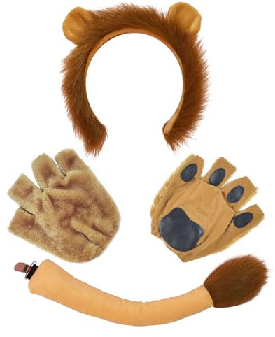 XNIVUIS 3 Pezzi Costume da Leone,Animale Leone Costume Set,Leone Fantasia Accessori,Orecchie di Leone e la Coda Zampa Guanti Set,per Adulti Bambini Carnevale Compleanno Stage Performance (3 PCS)