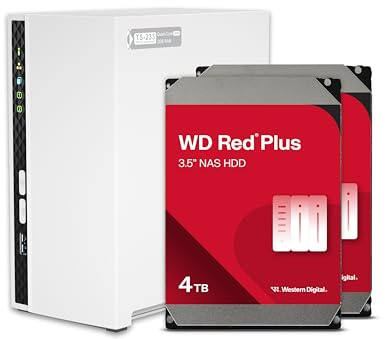 QNAP TS-233-24WD-US NAS domestico a 2 alloggiamenti con capacità di archiviazione di 4 TB, bundle HDD preconfigurato RAID 1 WD Red Plus, con porte 1GbE