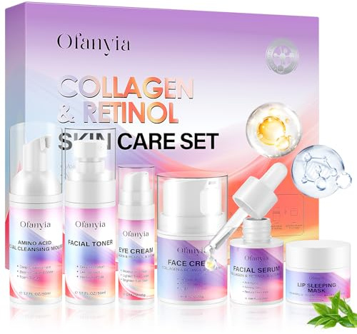 Ofanyia Collagen & Retinol Skin Care Set, 6 In 1 Skincare Gift Set with Facial Cleanser, Toner, Serum, Cream, Eye Cream & Lip Mask, Anti-Aging Travel Size Skin Care Set
