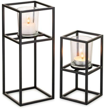 NUPTIO Teelichthalter Schwarz Geometrische Kerzenhalter: 23cm und 15cm Kerzenständer Metall Teelichtglas Geometrisch Deko Tischdeko Esstisch Windlicht Wohnzimmer Teelichtgläser Weihnachten 2er