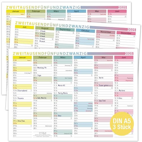 TOBJA Tafelkalender 2026 A5 - kleiner Kalender 2026 Bunt | 3x Wandkalender, Jahreskalender 2026 DIN A5 als Jahresplaner | Blattkalender 12 Monate auf Vorder- und Rückseite