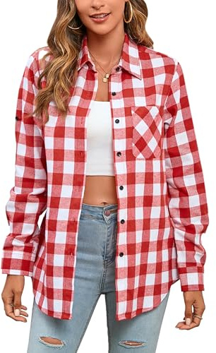Stamain Camicia Quadri Rosso Donna Elegante Camicia Flanella Country Maniche Lunghe Classico Casual Button Down Bluse M