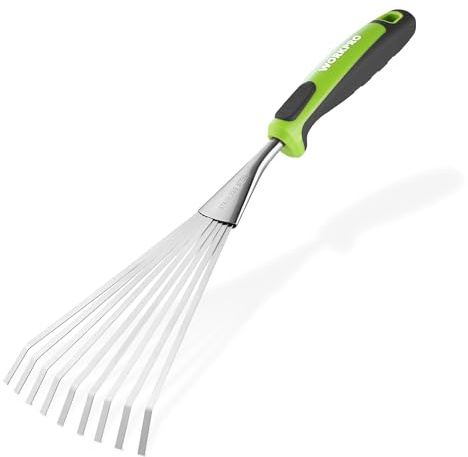 WORKPRO Rastrello a Mano 41 cm per Foglie, 9 Denti, Ventagolo in Acciaio Inossidabile con Impugnatura Ergonomica e Foro per Appendere, Ideale per la Pulizia di Piccole Aree