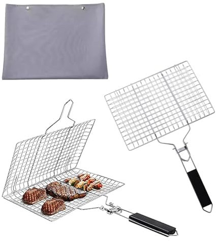 2 cestas portátiles para barbacoa, cesta plegable para pescado, cesta de red plegable de acero inoxidable con asa de madera extraíble para pescado asado, brochetas, verduras, filetes y camarones