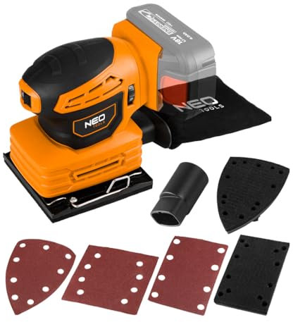 NEO TOOLS Smerigliatrice multiuso 3 in 1, batteria professionale, sistema 18 V, senza batteria, levigatrice orbitale, contenitore per polvere, base quadrata, piede rettangolare, piede delta, 3 pezzi