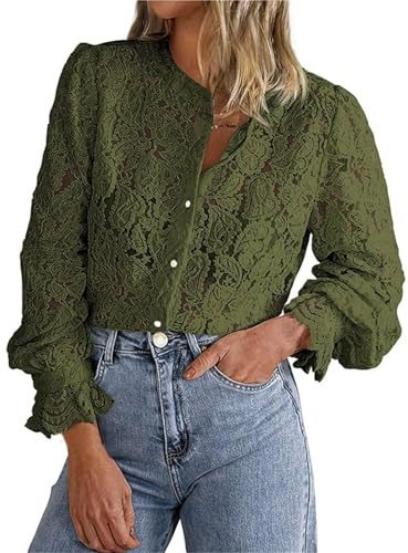 Chemisier décontracté en dentelle à manches longues pour femme - Hauts tendance d'automne - 2 S, Vert, S
