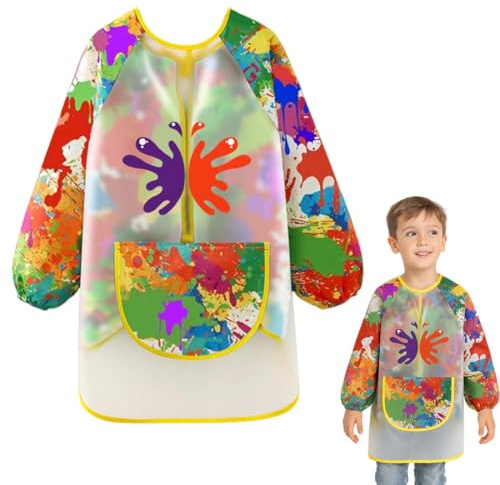 Bata Pintura Niños, 1 Pieza Grafitis Delantal Infantil, Ajustable Impermeable Apron Escolar Mangas Largas con Bolsillos, Mandilon School Años para Manualidades, Comer, Cocinar y Dibujar
