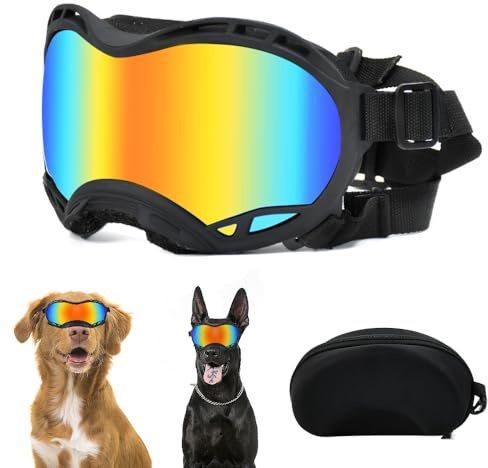 VGECEE Gafas de Sol para Perros Medianos y Grandes con Protección UV Contra Viento, Polvo y Rayos Solares Correa Ajustable y Acolchado de Espuma para Paseo Aventura Caminata, Lentes de PC Marco de TPU