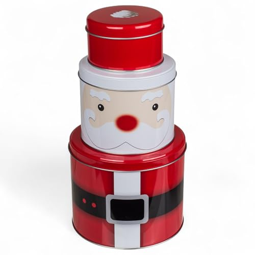 MIJOMA Uppsättning av 3 metallburkar, juldesign, stapelbara kakburkar, presentförpackning, förvaringsburkar för dekoration, bakverk, kakor godis (jultomte)