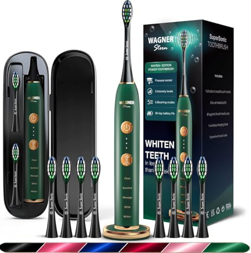 Wagner Stern WHITEN+ Electric Toothbrush, 48,000 VPM, Pressure Sensor, 5 Modes, 8 Brush Heads, Travel Case