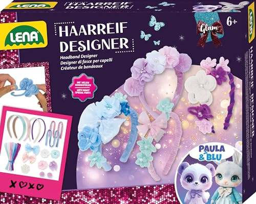 Lena Bastelset Glam Haarreif Designer - Haarschmuck für Mädchen Komplettset mit Pompons, Satinbändern & Blumen, Kreatives Basteln als Geschenk für Kinder ab 6 Jahren