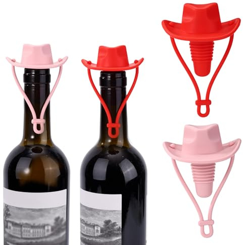 2pcs Cowboy Hat Wine Stoppers, Reusable Funny Silicone Champagne & Sparkling Glass Bottle Cork Savers Leakproof Bottle Sealer for Freshness Cute Wine Accessories for Home Bar (Pink, Red)