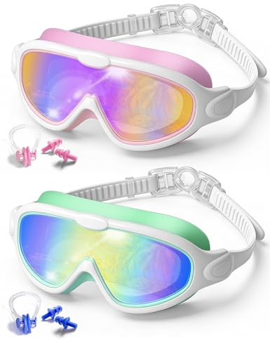 FUSHI&MON Swim Goggles for Kids Age 5-16, 2 Pack Childrens Goggles Swimming | No Leaking Anti-fog Full Protection Child Boys Girls Toddlers