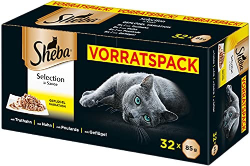 Sheba Katzennassfutter Selection in Sauce, 32 Schalen, 32x85g (1 Großpackung) – Katzenfutter nass, Geflügel Variation mit Truthahn, Huhn, Poularde und Geflügel