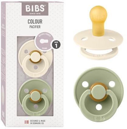 BIBS Colour Schnuller 2er-Pack, BPA-frei, Kirschform Nippel. Naturkautschuk/Latex, Hergestellt in Dänemark. Größe 1 | 0+ Monate | 2-Pack, Ivory/Sage