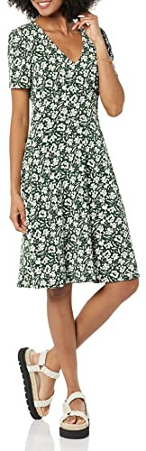 Amazon Essentials Abito Aderente Svasato con Scollo A v A Maniche Corte Donna, Verde Scuro Floreale, S