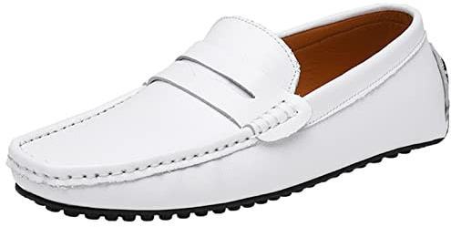 ANUFER Hombres Clásico Mocasines Plana Ponerse Suave Cuero Partido Mocasines Zapatos de Conducción Blanco SN070440 EU42