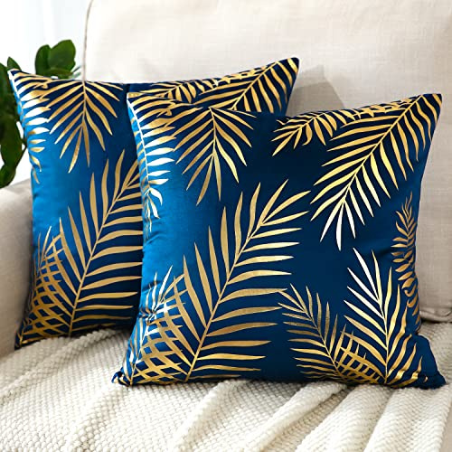 JOTOM Set of 2 Cushion Covers 40x40cm Decor Velvet Throw Pillow Covers Gold Leaves Decorative Pillow Cases Bronzing Flannelette Cushion Cover for Couch Bedroom Sofa Car Home Living Room Decor (Navy)