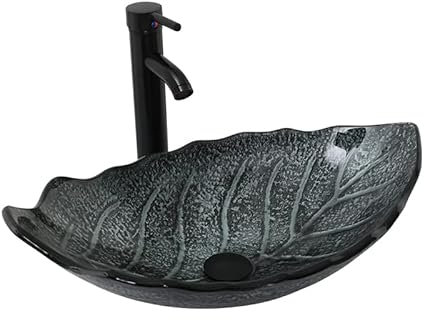 YU YUSING Lavabo en Verre avec Robinet, Vasque à Poser, Lave-Mains, pour Salle de Bain, Cuisine, Toilette, WC d'invités, Argenté Gris Moderne, en Forme de Feuille, 62 x 42 x 21 cm