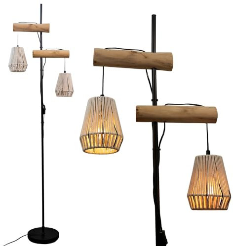 Osasy Lampada da terra vintage boho rattan, per soggiorno, in legno, design industriale, in metallo e rope e legno, con interruttore, nero beige, altezza: 169 cm