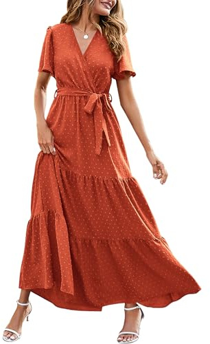MASCOMODA Robe longue d'été à pois suisses pour femme, col en V, manches courtes, style bohème, décontracté, fluide et fluide