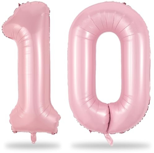Pastel Pink 10 Balloons Number, 40 Inch Foil Number 1 & 0 Balloons for 10 Year Old Birthday Decorations, Large Self Inflating Mylar Light Pink Balloon for Girls 10th Birthday Party Anniversary Decor