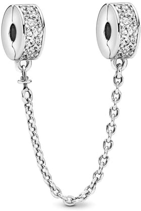 Amuefer Cristal Centelleante Plateado Cadena de Seguridad Charms para Pulseras y Collares, Stopper Plata de Ley con Circonita Cúbica, Cumpleaños Navidad Joyería Regalos para Mujeres