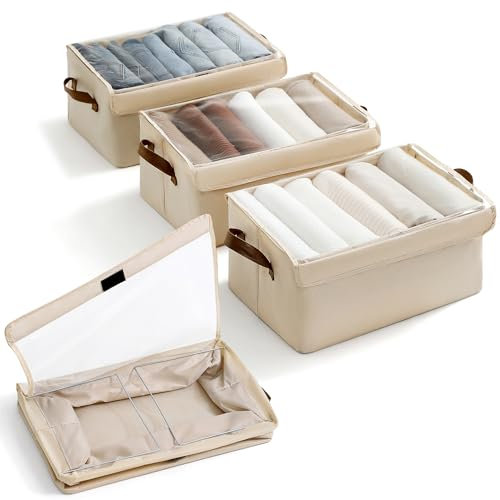 FUSACONY 3 Pack Clothes Storage Boxes with Clear Lids, Wardrobe Storage Organiser with Steel Frame, Collapsible Drawer Organiser Box for Bedding, Blankets, Jeans,T-shirts, Towel (Beige)