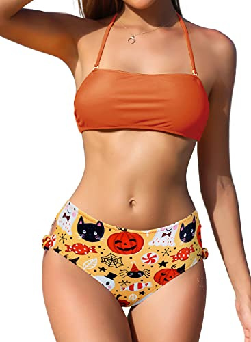 SHEKINI - Set bikini da donna con nodo sul retro, costume da bagno, top a fascia imbottito e senza spalline, slip con controllo del ventre, costume da bagno in due pezzi, L