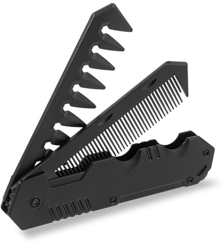 Peigne à cheveux pliable portable pour homme 2 en 1 - Peigne à barbe noir pliable - Peigne à dents fines - Peigne à dents larges pour voyage, garçons d'honneur, pères