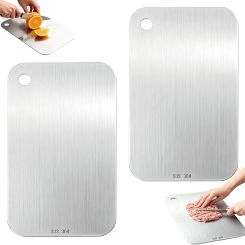 BMZXCH 2 Piezas Tabla de Cortar de Acero Inoxidable Alimentario Doble Cara Titanio Cocina Antideslizante Profesional Antibacteriano, Tabla de Cortar Multifunción para Carne, Frutas, Verduras, Pan (25