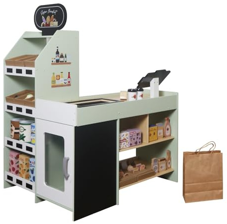 Negozio di vendita in legno Supermercato verde pastello – Grande stand per bambini con 58 pezzi accessori | Registratore di cassa, cibo, fast food & denaro | supermercato in legno stabile per giochi