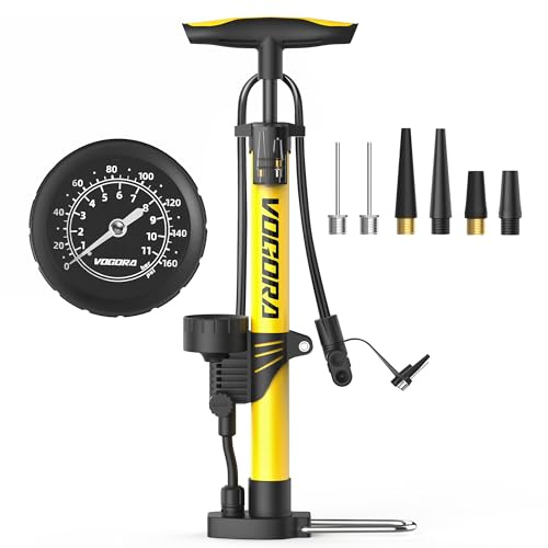 VOGORA Cykelpump med tryckmätare – Universal fotpump för Presta/Schrader ventiler, cyklar (landsväg/MTB), bildäck & bollar