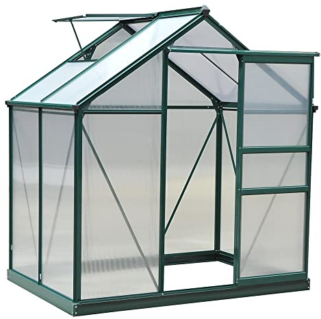 Outsunny 6' x 4' Greenhouse for Outdoors, Polycarbonate Greenhouse with Rain Gutter and Roof Vent, Aluminum Walk-in Green Houses for Outside for Patio Backyard Garden, Dark Green