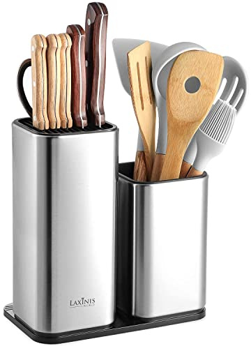 Knife Holder and Utensil Holder - Stainless-Steel Modern Rectangular Design Universal Knife Block and Kitchen Utensils Organizer for Counter-top