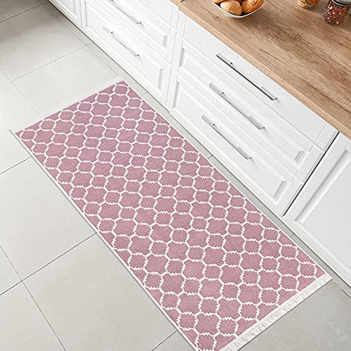 Fashion4Home Teppich Kurzflor - Boho Kelim Teppich, Wohnzimmerteppich, Schlafzimmer und Küchenteppich, Teppich Läufer, Flur Teppich, Kinderzimmerteppich Morocco-Altrosa-Weiß, Grüße: 60x90 cm