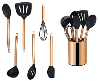 Echtwerk Kitchen Utensils, 7 Piece Kitchen Utensil Set, Kitchen Accessories, Cooking Utensils with Stainless Steel Handle, Non-Stick Silicone Household Aid, Copper Edition