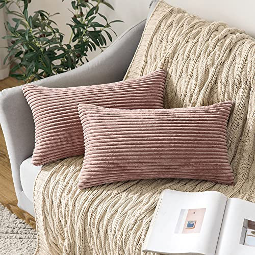 MIULEE Striped Corduroy Fabric Square Throw Pillow Case,Solid Cushion Cover for Sofa Chair Couch/Bedroom Decorative Pillowcases 12x20 Inch 2 Pieces,Skin pink