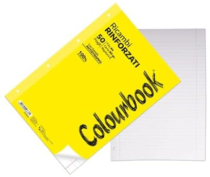 Colourbook 50 Fogli Ricambi Rinforzati Per Raccoglitore ad Anelli A4 a Righe con Margine - Rigatura 4/5 Elementare, Medie, Superiori, Università, Ufficio - Carta 90g Spessa, Banda Laterale Trasparente