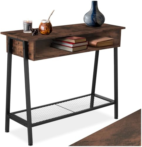 tectake® Tavolo Console, Struttura in Acciaio, Piano in Legno, Ripiano in Reticolato, Piedi Regolabili, Mobile Ingresso, Stile Industriale, Design Moderno - Legno Industriale Scuro, Rustico